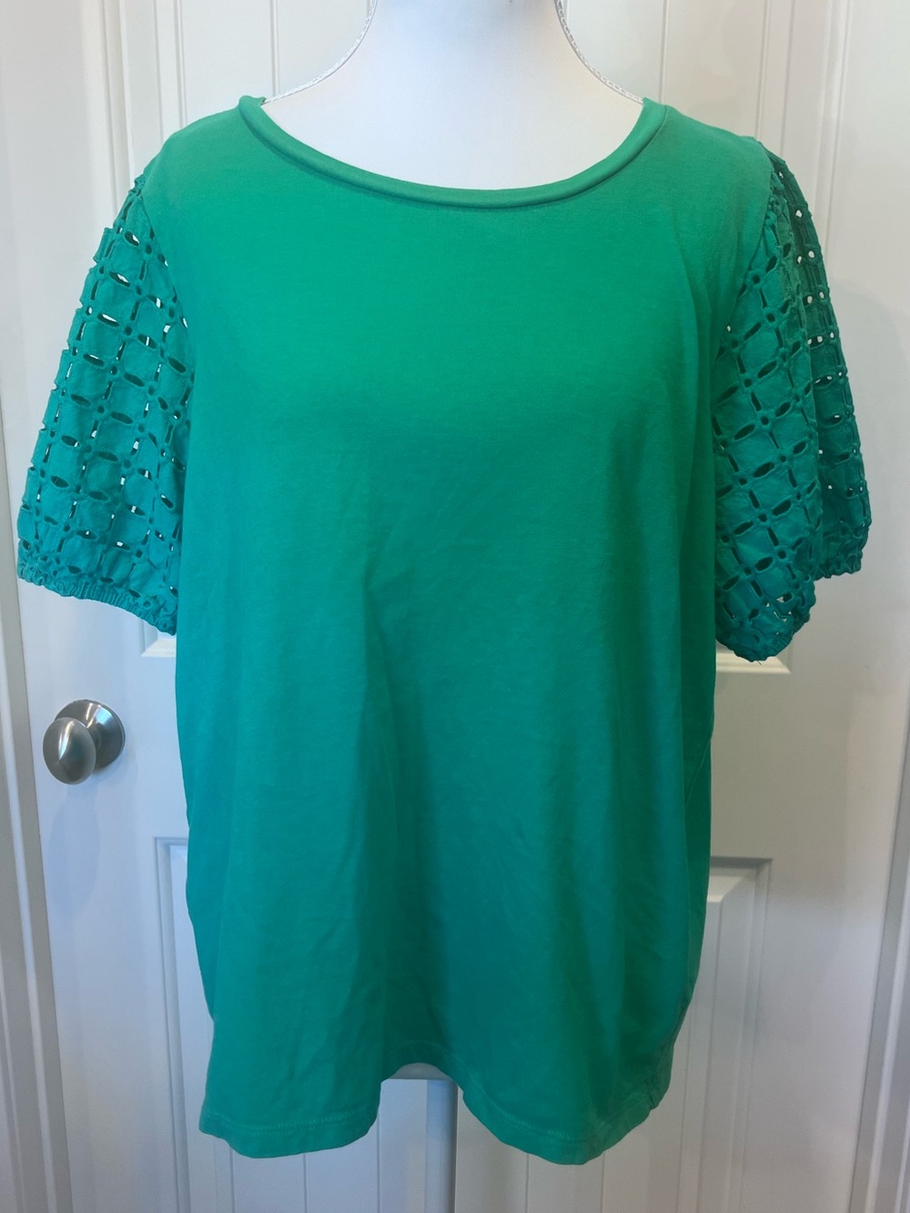 J. Crew Green Short Sleeve Eyelet Knit Top Sz Large